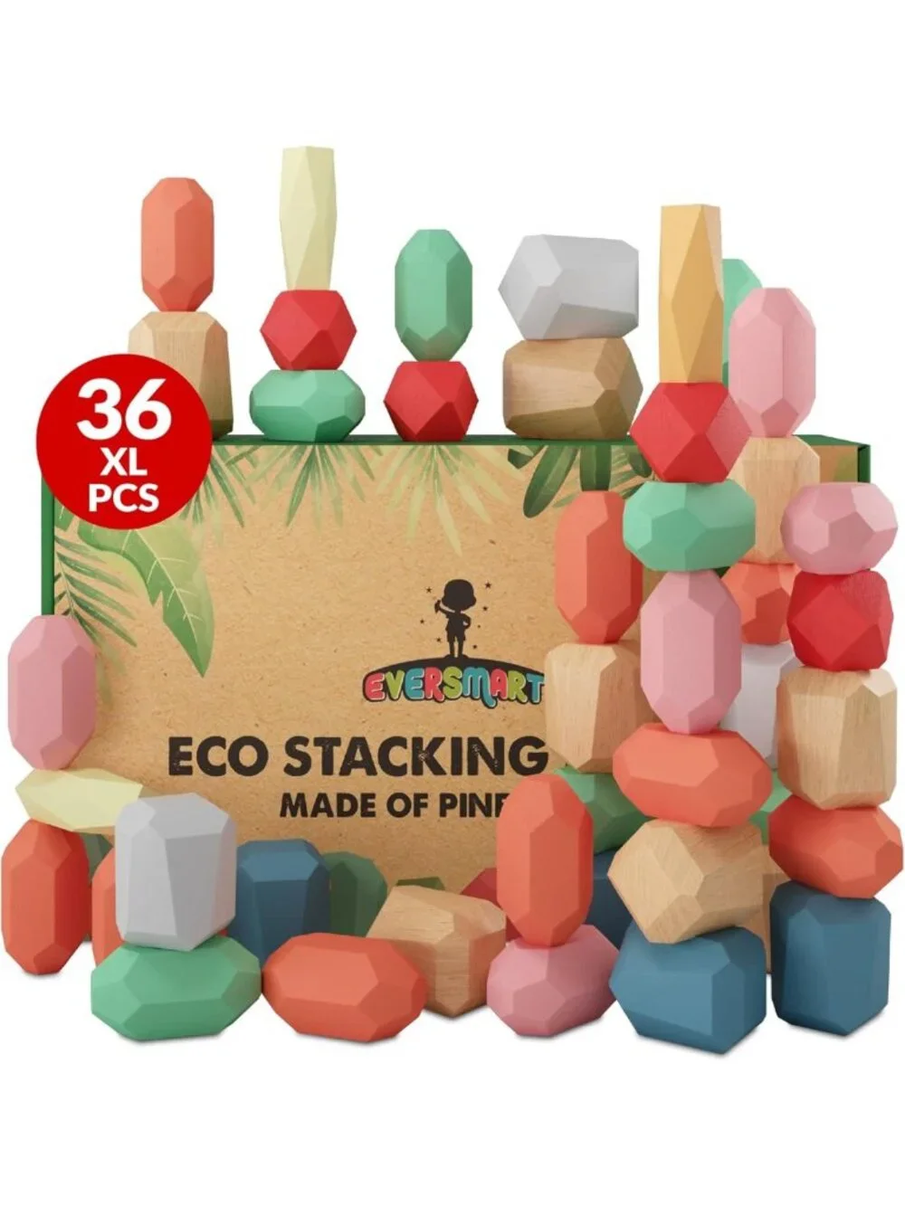 36 Pcs Wooden Stacking Blocks - Montessori Sensory STEM Toys for Toddlers & Kids
